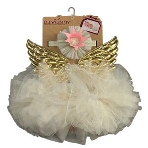 Elly & Emmy Baby 3 Piece Tutu Set Gold Angel Wings Pink Crown Headband 0-12M NEW